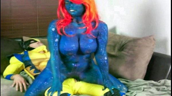 Bodypainted Slut Cosplaying As Mystique From XMen Riding Wolverines